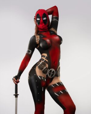 Marina Valmont Instagram - LADY DEADPOOL ❤️ 
Bodypaint @fernello.vision 
Feat @marinavalmont 
#deadpool #marvel #cosplay