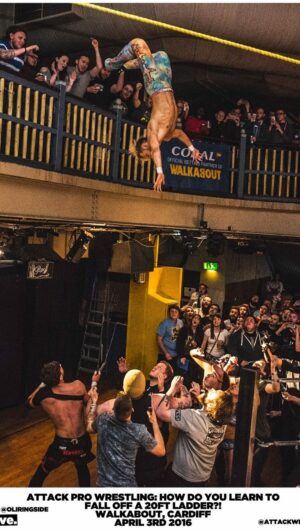 Mark Andrews Instagram - 8 years ago @attackwrestling had our first show at @walkaboutcardiff, and I decided to jump off the balcony.

This Sunday we’re back there for night 2 of RAFFLEMANIA V - come along and watch #wrestlemania on the big screen after the show!

#attackprowrestling #flips #cardiff