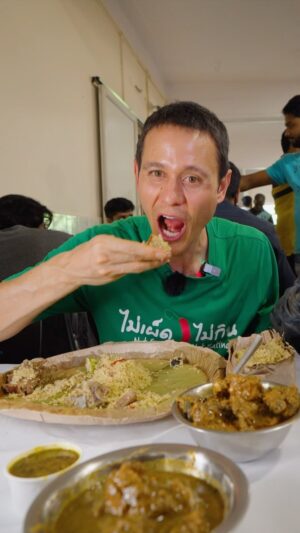 Mark Wiens Instagram - Indian food in Bengaluru! 🇮🇳 This restaurant is absolute craziness… you have to hover over a table, sometimes even fight, to get a seat. Everyone comes here for their famous donne biryani (leaf biryani) and peppery meat masala sides. Flavors are full force, life changing!! With @kripalamanna 

📍 Shivaji Military Hotel, #Bangalore #India #IndianFood