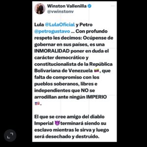 Marlene De Andrade Instagram - Lula @lulaoficial y Petro @gustavopetrourrego … Con profundo respeto les decimos: Ocúpense de gobernar en sus países, es una INMORALIDAD poner en duda el carácter democrático y constitucionalista de la República Bolivariana de Venezuela 🇻🇪, que falta de compromiso con los pueblos soberanos, libres e independientes que NO se arrodillan ante ningún IMPERIO 🇺🇸. 

El que se cree amigo del diablo Imperial 😈 terminará siendo su esclavo mientras le sirva y luego será desechado y destruido. 

Reflexionen o se SECARÁN. 

Dios con el Pdte. @NicolasMaduro y el
Pueblo de Venezuela 🇻🇪

Nosotros Venceremos. Winston Vallenilla . 💪🏽🇻🇪🙏🏻