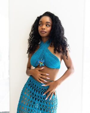 Marsai Martin Instagram - sai summer’s around the corner 😋 @prettylittlething 

Turquoise Cross Front Crochet Knit Bralet
  Maxi Skirt (CNC8715, CNC8714)