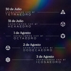 Matías De Stefano Instagram - DÍAS FUERA DEL TIEMPO

Del 30 de Julio al 3 de Agosto, nos conectaremos con los Días Fuera del Tiempo en el calendario atlante, el calendario que guía nuestro camino y tarea del YOSOY. 🌍

Cada día simboliza un elemento y juntos realizaremos la alineación:
🔥 Tetraedro - Fuego
🌱 Hexaedro - Tierra
 🌀  Octaedro - Éter
💧 Dodecaedro - Agua
🌬️ Icosaedro - Aire

Nos encontraremos durante estos días a las 4 am Argentina // 9 am España.

Si no puedes unirte en vivo, las grabaciones estarán disponibles para alinearte en cualquier momento del día. ✨

🔗 Encuentra el link en nuestra bio y únete a nosotros en conexión.

¡Nos vemos allí!
——

DAYS OUT OF TIME

From July 30th to August 3rd, we will connect with the Days Out of Time in the Atlantean calendar, the calendar that guides our path and task of YOSOY. 🌍

Each day symbolizes an element, and together we will perform the alignment:

🔥Tetrahedron - Fire
🌱  Hexahedron - Earth
🌀  Octahedron - Ether 
💧  Dodecahedron - Water
🌬️ Icosahedron - Air

We will meet during these days at 00 am PST // 3 am EDT.

If you can’t join live, the recordings will be available so you can align at any time of the day. Find the link in our bio and join us in connection.

See you there!