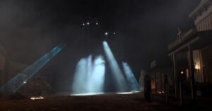 Matthew Libatique Instagram - The collaboration of VFX and Cinematography.  Interactive light executed by a great team of craftspeople. COWBOYS AND ALIENS.  Directed by @JonFavreau.  VFX Supe #RogerGuyett .  #PRG Bad Boys and lasers by Wavelength.  Lights controlled but none other than @ilight2000  and designed by @luxlighting and @8pointgrip.  Flown by #spydercam.  #Panavision C series and G series anamorphic #35mm #Kodak @ilmvfx