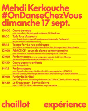 Mehdi Kerkouche Instagram - ODCV4 LE PROGRAMME !!!! 
Rdv les 16 et 17 septembre prochain à @theatrechaillot pour notre grand retour !!!!
Des cours, des performances, des talks, un cabaret, un club, des battles, une roller party, un cinéma… et surtout des ARTISTES INCROYABLES mobilisés pour l’association @instacekedubonheur qui œuvre toute l’année pour améliorer le quotidien des enfants et ados hospitalisés partout en France 🙌🏻
L’événement de mes rêves dans le théâtre de mes rêves  @theatrechaillot qui nous accueille pour lancer leur saison pour ce premier #CHAILLOTEXPÉRIENCE 🫶🏻🫶🏻🫶🏻🫶🏻
Comme chaque année tu pourras retrouver les performances sur l’insta @emkadanceproject pour nous suivre de n’importe où 
et encore mille surprises qui se préparent DONC TU BLOQUES LES 16 et 17 SEPTEMBRE !!!!
(From nos salons confinés to tout ça en fait 😭😭😭😭😭)
Merci à nos partenaires @meta @menart_fair @cultureboxftv @francemusique