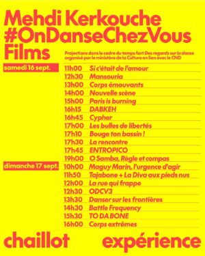 Mehdi Kerkouche Instagram - ODCV4 LE PROGRAMME !!!! 
Rdv les 16 et 17 septembre prochain à @theatrechaillot pour notre grand retour !!!!
Des cours, des performances, des talks, un cabaret, un club, des battles, une roller party, un cinéma… et surtout des ARTISTES INCROYABLES mobilisés pour l’association @instacekedubonheur qui œuvre toute l’année pour améliorer le quotidien des enfants et ados hospitalisés partout en France 🙌🏻
L’événement de mes rêves dans le théâtre de mes rêves  @theatrechaillot qui nous accueille pour lancer leur saison pour ce premier #CHAILLOTEXPÉRIENCE 🫶🏻🫶🏻🫶🏻🫶🏻
Comme chaque année tu pourras retrouver les performances sur l’insta @emkadanceproject pour nous suivre de n’importe où 
et encore mille surprises qui se préparent DONC TU BLOQUES LES 16 et 17 SEPTEMBRE !!!!
(From nos salons confinés to tout ça en fait 😭😭😭😭😭)
Merci à nos partenaires @meta @menart_fair @cultureboxftv @francemusique