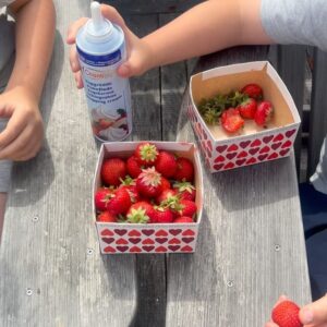 Mia Skäringer Instagram - Semester moooood 😎🍓
välj glädje - men slipp allt självutvecklingskrångel 
ta genvägen ”så blir du glad i 50 minuter” 
nämligen via det nya avsnittet @skaringerochnessvold 💋