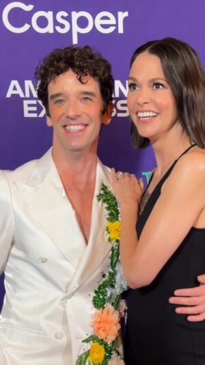 Michael Urie Instagram - The prince and princess have arrived! @michaelurielikesit and @suttonlenore are on the @mattressmusical opening night pink carpet! Head to our stories for more opening night coverage. 🩷👑