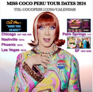 Miss Coco Peru Instagram - Chicago, Nashville, Phoenix and Las Vegas, I'm bringing my Best Of show to you!
Palm Springs, I'll see you with Jurassic Drag.
And San Francisco, your newest Golden Girl is coming back!
Tickets available on linktree in Bio
