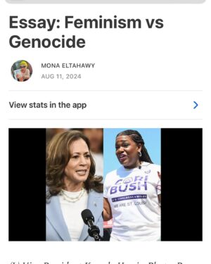 Mona Eltahawy Instagram - My new essay: On Vice President Kamala Harris, Rep. Cori Bush, disruption, protest, feminism and genocide.

Genocide is not polite. Genocide interrupts. Genocide is that action for which there must be an equal and opposite reaction.

Feminism must be that equal and opposite reaction to genocide not only because genocide kills women and children and maims and terrorises pregnant women. Feminism is not only about women and children and pregnant women. Feminism is about destroying patriarchy, and what is genocide but patriarchy writ large; toxic masculinity drunk on its power and ability to dominate, to obliterate, to kill, maim, and terrorise women, children, and men.

Feminism is not merely a woman in a position that has never been held by a woman before. Feminism is a woman in a position of power who uses that power to destroy, not uphold, patriarchy.

Genocide interrupts and disrupts: the lives of those ravaged by its barbarism; the delusion that those of us far away can look away as we skim the still lake of our placid day to day.

Asking protesters demanding the U.S. end its support for Israel’s genocide "Do you want Trump?" is the wrong question to ask.

The question is when will the U.S. stop arming, aiding, and abetting Israel's barbarism?

Link in bio and stories 

https://www.feministgiant.com/p/essay-feminism-vs-genocide