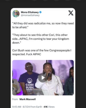 Mona Eltahawy Instagram - “All they did was radicalize me, so now they need to be afraid.” 

“They about to see this other Cori, this other side…AIPAC, I’m coming to tear your kingdom down.,” Rep. Cori Bush, in her concession speech after losing the Democratic primary: 

I have lived in the U.S. for 24 years and I have never heard a politician here say that.

Cori Bush was one of the few Congresspeople I respected. Fuck AIPAC.