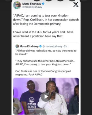 Mona Eltahawy Instagram - “All they did was radicalize me, so now they need to be afraid.” 

“They about to see this other Cori, this other side…AIPAC, I’m coming to tear your kingdom down.,” Rep. Cori Bush, in her concession speech after losing the Democratic primary: 

I have lived in the U.S. for 24 years and I have never heard a politician here say that.

Cori Bush was one of the few Congresspeople I respected. Fuck AIPAC.