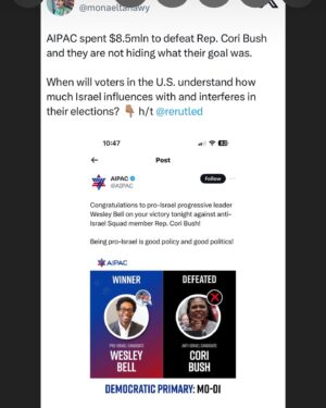 Mona Eltahawy Instagram - “All they did was radicalize me, so now they need to be afraid.” 

“They about to see this other Cori, this other side…AIPAC, I’m coming to tear your kingdom down.,” Rep. Cori Bush, in her concession speech after losing the Democratic primary: 

I have lived in the U.S. for 24 years and I have never heard a politician here say that.

Cori Bush was one of the few Congresspeople I respected. Fuck AIPAC.