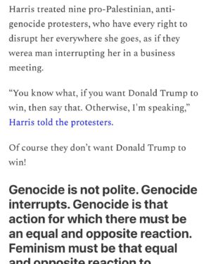 Mona Eltahawy Instagram - My new essay: On Vice President Kamala Harris, Rep. Cori Bush, disruption, protest, feminism and genocide.

Genocide is not polite. Genocide interrupts. Genocide is that action for which there must be an equal and opposite reaction.

Feminism must be that equal and opposite reaction to genocide not only because genocide kills women and children and maims and terrorises pregnant women. Feminism is not only about women and children and pregnant women. Feminism is about destroying patriarchy, and what is genocide but patriarchy writ large; toxic masculinity drunk on its power and ability to dominate, to obliterate, to kill, maim, and terrorise women, children, and men.

Feminism is not merely a woman in a position that has never been held by a woman before. Feminism is a woman in a position of power who uses that power to destroy, not uphold, patriarchy.

Genocide interrupts and disrupts: the lives of those ravaged by its barbarism; the delusion that those of us far away can look away as we skim the still lake of our placid day to day.

Asking protesters demanding the U.S. end its support for Israel’s genocide "Do you want Trump?" is the wrong question to ask.

The question is when will the U.S. stop arming, aiding, and abetting Israel's barbarism?

Link in bio and stories 

https://www.feministgiant.com/p/essay-feminism-vs-genocide