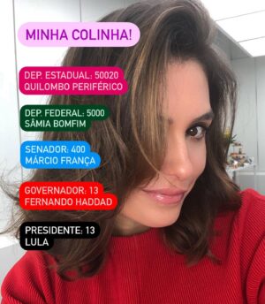 Monica Iozzi Instagram - Pelos mais pobres, pelas mulheres, pela comunidade LGBTQIA , pela Amazônia, pelos pretos, pelos indígenas, pela ciência, pela redução da desigualdade social, pelo fim da fome, pelo direito universal à saúde e educação, pela cultura, pelo desarmamento, pela tolerância, pelo respeito, pela democracia.

Pelo amor.
Pela paz.

Eu voto em São Paulo. Mas espero que você também faça escolhas progressistas e democráticas aí no seu estado. Viva a democracia!

@quilomboperiferico 
@samiabomfim 
@fernandohaddadoficial 
@lulaoficial