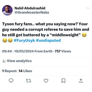 Nabil Abdul Rashid Instagram - Fury fans had all the chat for Joshua when he lost to Usyk saying he lost to a middleweight and talked about how fury would do him in two rounds lol.. I don’t want to hear “pim” from your mouths again #furyusyk #undisputed #usyk #isthisyourking #eventhecorruptrefdidnotsavehim #sausagewhoopedhisazz