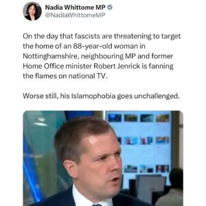 Nadia Whittome Instagram - Jenrick built his image on performative cruelty like painting over cartoon murals at a children’s asylum centre.

This sort of dehumanisation of refugees, people of colour and Muslims laid the ground work for far-right riots, which are now used as an opportunity to boost a Tory leadership bid.