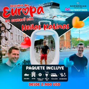 Neilas Katinas Instagram - 🚢🇪🇺🕺CRUCERO POR EUROPA CON @neilaskatinas 
Súmate a nuestro viaje grupal que @multidestinoscl ha armado para Soci@s y quien se quiera sumar a navegar por la  majestuosidad de Europa ♥️
🚢SALIDA DESDE ROMA, ITALIA 02 de AGOSTO 2025

📌CRUCERO EPIC INCLUYE:

• Traslado aeropuerto / Hotel en servicio privado para el grupo.
• 01 noche de alojamiento en Roma, con desayuno incluido en hab. Doble.
• Traslado Hotel / puerto de Civatavecchia / aeropuerto en servicio privado
para el grupo.
• 10 noches de crucero a bordo del Norwegian Epic, saliendo y retornando a
Roma, Italia.
• Buffet libre todos los días.
• Bar abierto en bebidas alcohólicas y gaseosas que no superen los USD 15.
• 02 cenas en restaurantes de especialidades.
• 150 minutos de internet por cabina.
• USD 200 descuento en excursiones. (USD 50 por puerto, máximo 4 puertos
por cabina)
• Seguro de asistencia en viaje exclusivo para el crucero de cortesía.

PRECIO POR PERSONA EN BASE A CABINA DOBLE CON BALCÓN USD 2.900.-

Más info al email contacto@neilaskatinas.com
#neilaskatinas #letsdance #nosvemosbailando