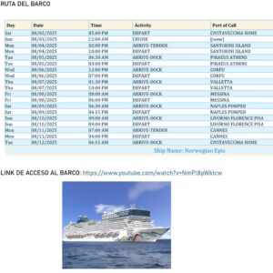 Neilas Katinas Instagram - 🚢🇪🇺🕺CRUCERO POR EUROPA CON @neilaskatinas 
Súmate a nuestro viaje grupal que @multidestinoscl ha armado para Soci@s y quien se quiera sumar a navegar por la  majestuosidad de Europa ♥️
🚢SALIDA DESDE ROMA, ITALIA 02 de AGOSTO 2025

📌CRUCERO EPIC INCLUYE:

• Traslado aeropuerto / Hotel en servicio privado para el grupo.
• 01 noche de alojamiento en Roma, con desayuno incluido en hab. Doble.
• Traslado Hotel / puerto de Civatavecchia / aeropuerto en servicio privado
para el grupo.
• 10 noches de crucero a bordo del Norwegian Epic, saliendo y retornando a
Roma, Italia.
• Buffet libre todos los días.
• Bar abierto en bebidas alcohólicas y gaseosas que no superen los USD 15.
• 02 cenas en restaurantes de especialidades.
• 150 minutos de internet por cabina.
• USD 200 descuento en excursiones. (USD 50 por puerto, máximo 4 puertos
por cabina)
• Seguro de asistencia en viaje exclusivo para el crucero de cortesía.

PRECIO POR PERSONA EN BASE A CABINA DOBLE CON BALCÓN USD 2.900.-

Más info al email contacto@neilaskatinas.com
#neilaskatinas #letsdance #nosvemosbailando