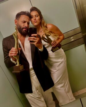 Nicolas Mouawad Instagram - @biaflebanon Thank you for this precious award (two awards actually 😊), this beautiful night, and thank you for all the LOVE 💛

📸 @marcmarounphotography .
Swipe for a post party elevator photo :)

SHE:
styled by @georgesrichane (“the sweetest” she says)
dress @nourfathallah via @designer_24leb 
Jewellery @hadidianofficial 
make up @elie.alhajj 
hair @raedalhamod 

ME: 
dressed by @maisondumec 
groomed by @raedalhamod 

#nicolasmouawad #beirut #lebanon #cairo #egypt #actor #acting
#نيقولا_معوض #بيروت #لبنان #القاهرة #مصر