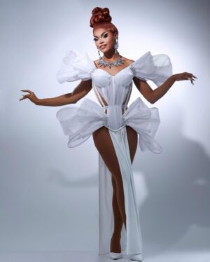 Olivia Lux Instagram - winter white 🤍🤍🤍

photo: @ericrichardmagnussen 
hair: @hatzbycarlos 
jewels: @draggedoutlondon 
corset: @sweetcarousel 
gown and ruffles: @blackandwhitestriped