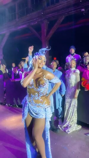 Olivia Lux Instagram - 〽️〽️ category is ICE QUEEN FACE ❄️❄️❄️ collecting my 10s —- coldest winter ever ball ‘22 

hair by the fab @doubledwigs @diana.dash 
corset by @realdominocouture 
draping // appliqués by me