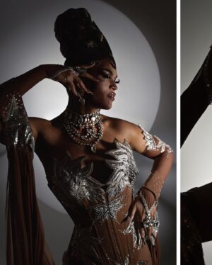 Olivia Lux Instagram - if it’s one thing about me- I will still serve face even in silhouette 😂 

this is one of my favorite pieces; I finally did a photoshoot in her. My inspiration for the design stemmed from goddesses and royalty. I wanted a piece that embodied a regal “light” goddess 🤍✨🌟 LUX … the garment was a labor of love and all the collaborators and designers I worked with are incredible !! check them out and show them some love !! 🤍⤵️

photo: @jonas.fashionfiles @juanjojonasfotografia 
fit: @abrahamdlevy @blackandwhitestriped 
hair: @draglabwigs
jewels: @draggedoutlondon