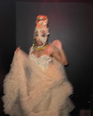 Olivia Lux Instagram - they call…me……mummy 👻🧟‍♀️

this fit was a labor of love, got some last minute inspiration from a piece I created a few years ago for a tour. Deconstructed on a new base and BAM she’s alive! I had so much fun giving this garment a new life. Happy Halloween ghouls !!!! 

hair by @draglabwigs 
jewels by @draggedoutlondon