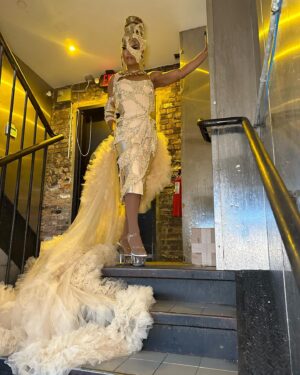 Olivia Lux Instagram - they call…me……mummy 👻🧟‍♀️

this fit was a labor of love, got some last minute inspiration from a piece I created a few years ago for a tour. Deconstructed on a new base and BAM she’s alive! I had so much fun giving this garment a new life. Happy Halloween ghouls !!!! 

hair by @draglabwigs 
jewels by @draggedoutlondon