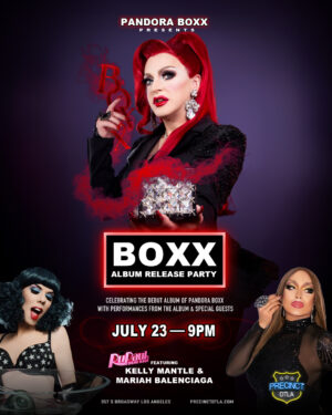 Pandora Boxx Instagram - Join @pandoraboxx to celebrate the release of her debut album BOXX! ❤️🪩💜 This Tuesday, July 23 at 9pm ⭐️ Expect a fabulous night featuring live performances from the album, special guest stars from RuPaul's Drag Race and more surprises!

Starring:
@pandoraboxx
@mug4dayz 
@kellymantle 

#boxxalbum #boxxalbum2024