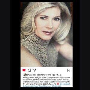 Patti Hansen Instagram - My dearest friend Shaun Casey Held passed away yesterday after a long and brave battle with cancer. She was always positive, hopeful and courageous. Her girls, Annika  and Sophia, gave her love and strength throughout it all. I will always remember Shaun’s good sense of humor ,amazing kindness and generous soul. She was and always will be a best friend of mine. God bless you Shaunie ❤️Patti