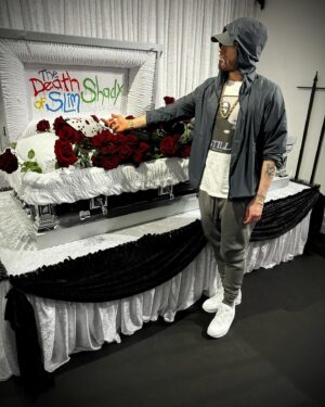 Paul Rosenberg Instagram - Stop by the London pop-up 🪦⚰️for The Death of Slim Shady (Coup des Grâce) today 7/17 and tomorrow 7/18 only. You never know who will be there… @complex @polydorrecords