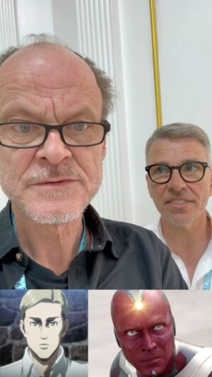 Peter Flechtner Instagram - Erwin Smith (Peter Flechtner) trifft Marvel Vision (Frank Schaff) #peterflechtner #frankschaff #synchronsprecher #visionmarvel #attackontitan
