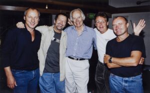 Phil Collins Instagram - Phil Collins pictured with Mark Knopfler, Eric Clapton, George Martin and Paul McCartney in 1997 for the "Music For Montserrat" benefit concert.

#tbt