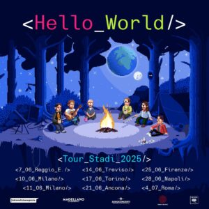 Pinguini Tattici Nucleari Instagram - Hello World è la prima frase che gli studenti di programmazione, per tradizione, imparano a far “dire” a un programma. Queste due semplici parole sono la sintesi di tutto: soggetto e contesto, input e output. Nascere è un po’ come dire “ciao” al mondo, mentre crescere è cercare di ottenere dal mondo una qualsiasi risposta. 
Noi questa risposta proveremo a cercarla dentro nuova musica, che uscirà tra qualche mese, e in un grande tour che toccherà tutta la penisola nel 2025. Qui vedete già le date. I biglietti saranno disponibili da domani alle 10 in punto. 
Grazie, sarà un bel viaggio 👋🌍