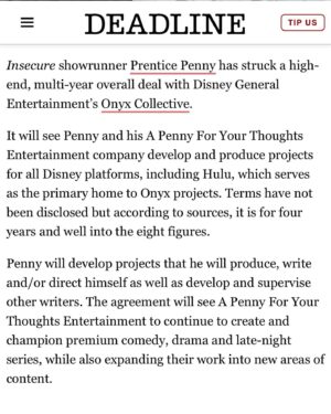 Prentice Penny Instagram - NEW HOME ALERT - I’m so excited to begin a new journey with everyone at @disney and the #onyxcollective. I knew once I met with Dana Walden and Tara Duncan this was the place for me. Thank you guys for feeling the same! Anyone who knows me, knows how much I love Disneyland and Star Wars. So to be where those brands are couldn’t make me happier. Thank you to everyone who’s a part of the APFYT team who helped make this happen @chrisp1363 @theresakanglowe @solersystem @ashleynhlnd @lifeofmeyash #PhilD’Amecourt, @johnvmeigsjr #adamkaller @_cvarg #alexisjones #landriehatcher. Thank you to my amazing wife @mz_money_penny and three great children for constantly being the backbone of my support. Thank you to Casey, Nina, @nortivarg and everyone at @hbo for being a place that allowed me to grow. For the next four years we are committed to making content FOR THE CULTURE. Black, Asian, Latinx, Middle Eastern, LGBTQ, and anyone that’s about advancing conversations creatively. So…open for business! Let’s go! #onyxcollective