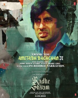 Radha Krishna Kumar Instagram - Thank you Shahenshah @amitabhbachchan sir for the Hindi voiceover of #RadheShyam. 

Starring @actorprabhas & @hegdepooja

Directed by @director_radhaa
Presented by @uvkrishnamraju garu
Produced by #BhushanKumar @tseries.official @tseriesfilms #Vamshi @uvcreationsofficial @uppalapatipramod & @praseedhauppalapati #AAFilms @gopikrishnamvs @iamanil
@manojinfilm @prabhakaranjustin @musicthaman @mithoon11 @amaal_mallik @manan_bhardwaj_official @kumaarofficial @manojmuntashir @therashmivirag #RRaveendar @hussain.dalal @abbasdalal #KotagiriVenkateswarRao @resulpookutty  @vaibhavi.merchant #kamalakannan 

Also starring @sachinskhedekar @preyadarshe @bhagyashree.online @sharma_murli @ricksharani @realkunaalroykapur @riddhikumar_ #Sathyan @actorjayaram_official @iamjaggubhai_ @radheshyamfilm #RadheShyamOnMarch11