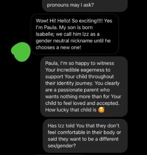 Rain Dove Dubilewski Instagram - Paula is trying to do the right thing- but it can be confusing in this era of information. I know she will likely read this and the comments below, so if You have anything additional You want to say to her she will likely read it! Or if You just want to let her or Izz/Isabelle know that they aren’t alone- that could be lifesaving. 
————————————-

One thing I rarely tell people is that I have a mantra I wrote and say whenever I get feedback from others on how I can be better. I go over it anytime I’ve made a mistake or proven I still have something to learn. (Because when I make a blunder, I’m notified of it usually by hundreds of people- so this truly became a necessity). This mantra I’ve found to be useful in this time of great shifting and education. Feel free to use it if You like- there’s nothing wrong if it’s not Your cup of tea. The mantra goes. “I am not afraid to grow. I am not afraid to evolve. I am not afraid to be corrected. I am not afraid to be educated. I am not afraid to try. I am not afraid to love.”

——————————

I am not afraid to grow. I am not afraid to evolve. I am not afraid to be corrected. I am not afraid to be educated. I am not afraid to try. I am not afraid to love. 

It is an honor to expand who I am and how I communicate. I consider it a necessary form of service and one of the purest ways to express my love. Listening. Applying. Shifting. What about You? Is growing hard sometimes? 

For those who speak up or guide- please keep holding the world to account. You don’t need a blue check mark to have valid wisdom, education and contribution. If the world can be a better place, continue to say so. It won’t always be easy, but it’ll always be worth it. You are a person of important perspectives which when shared can often unlock welded doors of possibility. 

#lgbtqia #trans #parenting #parentingmemes #dialogue #conversation #whatdoyouthink 

(The posted screenshots reflect a real conversation. The images have been modified to fit this platform and protect the identity of the original communicator.)