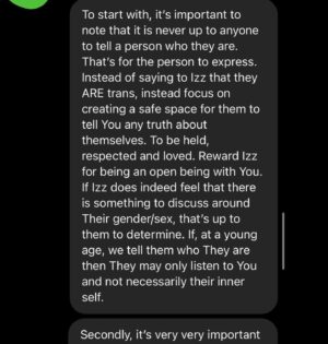 Rain Dove Dubilewski Instagram - Paula is trying to do the right thing- but it can be confusing in this era of information. I know she will likely read this and the comments below, so if You have anything additional You want to say to her she will likely read it! Or if You just want to let her or Izz/Isabelle know that they aren’t alone- that could be lifesaving. 
————————————-

One thing I rarely tell people is that I have a mantra I wrote and say whenever I get feedback from others on how I can be better. I go over it anytime I’ve made a mistake or proven I still have something to learn. (Because when I make a blunder, I’m notified of it usually by hundreds of people- so this truly became a necessity). This mantra I’ve found to be useful in this time of great shifting and education. Feel free to use it if You like- there’s nothing wrong if it’s not Your cup of tea. The mantra goes. “I am not afraid to grow. I am not afraid to evolve. I am not afraid to be corrected. I am not afraid to be educated. I am not afraid to try. I am not afraid to love.”

——————————

I am not afraid to grow. I am not afraid to evolve. I am not afraid to be corrected. I am not afraid to be educated. I am not afraid to try. I am not afraid to love. 

It is an honor to expand who I am and how I communicate. I consider it a necessary form of service and one of the purest ways to express my love. Listening. Applying. Shifting. What about You? Is growing hard sometimes? 

For those who speak up or guide- please keep holding the world to account. You don’t need a blue check mark to have valid wisdom, education and contribution. If the world can be a better place, continue to say so. It won’t always be easy, but it’ll always be worth it. You are a person of important perspectives which when shared can often unlock welded doors of possibility. 

#lgbtqia #trans #parenting #parentingmemes #dialogue #conversation #whatdoyouthink 

(The posted screenshots reflect a real conversation. The images have been modified to fit this platform and protect the identity of the original communicator.)