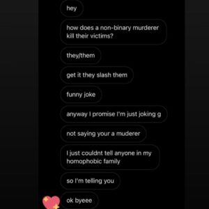 Rain Dove Dubilewski Instagram - I receive 1-300 messages a day and this one was one of my favorites today. It was the second one I read and it just made me giggle. Since they are couped up at home unable to get validation for their wit, humor and identity from their family- do You mind commenting below that You found this joke funny/clever? (Only if You did of course!). Alternatively if You have a good joke to gift back to this being I think they would really love it! 

Thanks for cheering me up brilliant being. 

#lgbtqia #lgbtqmemes #comedy #memes #nonbinary #genderfluid #lovewins