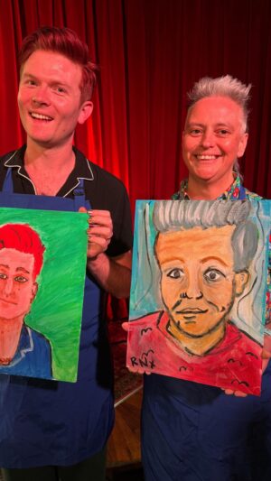 Rhys Nicholson Instagram - Both Rhys and Geraldine’s paintings are up for auction right now at Comedy Republic - made with love and the power of friendship❤️

See them for yourself right here on our gallery wall to make a bid, or head to the story highlights for the auction link. 

Proceeds from the portrait of Rhys will go to @dementia_australia 

Proceeds from the portrait of Geraldine will go to @eatingdisordersvictoria