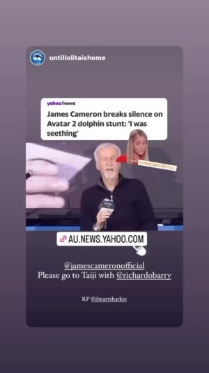 Richard O'Barry Instagram - I’m sorry but I still don’t understand mister Cameron even though he sent a message of explanation. But not exactly. He asked a few friends, Louie and Brian to explain for him. This video clip contradicts that message, and Avatar’s message too. So I’m still hoping he responds to my open letter. I’d love to show him where the dolphins came from, and how they were captured. Maybe he will change his mind about wanting to ride a dolphin inside a building in Tokyo. 
#emptythetanks #dolphinproject