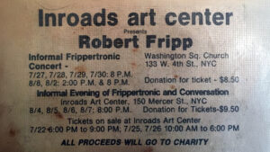 Robert Fripp Instagram - On this day in 1981, the fourth of an extraordinary series of twelve Frippertronics performances held in New York took place. Available individually and as a tour bundle here: https://dgmlive.com/tour-dates/1670?year=1981&download=on&page=3

From Sid Smith's notes: "Loop I and Solo I alternates between breathless runs on the fretboard often ending in heart-stopping lurches as the solo teeters on the edge before abruptly disappearing into silence, which is then met with distant applause."