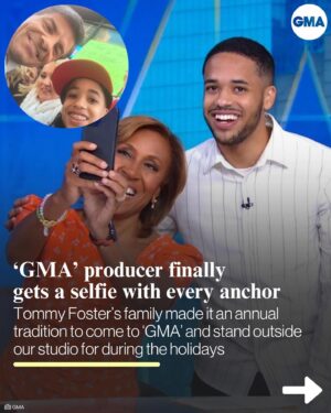 Robin Roberts Instagram - He is collecting selfies like they’re infinity stones! 🤳

Long before he worked here, our booking producer @tommyfoster_’s family made it a tradition to stand outside our GMA studio and grab pics with our co-hosts — and this morning, he finally got his selfie with @robinrobertsgma LIVE from the anchor desk. 

Swipe 👉 to see more.