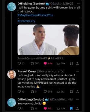 Russell Curry Instagram - ⚡Becoming Zordon⚡

Wow! What an honor to be trusted with recreating such an iconic character. A character that means a LOT to Ranger Nation and a character that was a HUGE part of my childhood!

As soon as I read the script, I knew I had a big shoes to fill (or a big tube to fill, figuratively speaking?) I spent as much time as I could watching clips of @djfielding_zordon in order to emulate his speech patterns and bring that sage wisdom that he radiates. I definitely could've done better with a bit more time, but I'm really happy with how it turned out - and apparently so was he!

I had to capture as much of this journey as possible, so here are a few pieces of the process behind the scenes!

My first time putting in colored contacts in my life, and man was it trippy! 

The costume fitting with @sarahvoonie before they made all the final cuts to the fabric 

Me on set with my script making sure I get it all right. You'll notice the Red Morphin Master staff right behind me cause we also shot another HUGE scene that day (more on that later) 

And a little bit of how it was shot vs. how it turned out for the reveal at the beginning of Episode 10.

I can't thank @pookina @beccabarnescats @alwynagain and the entire creative team for giving me such amazing gifts to play with as an actor for these past 3 years. So many dreams come true!

And thank you for watching Cosmic Fury! It was truly a labor of love ❤️🩶