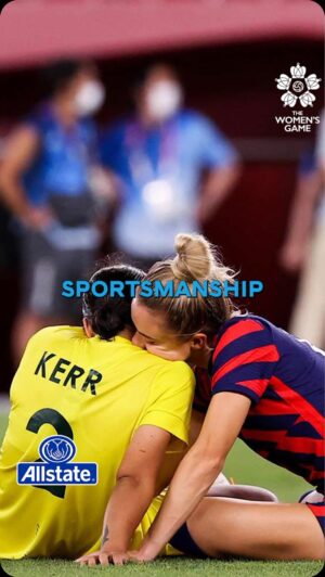 Sam Mewis Instagram - We’ll never forget the iconic @kmewis19 & @samanthakerr20’s ‘Sportsmanship’ moment in Tokyo 🫶😂

From our USWNT vs. Australia preview episode “Going for Gold, Presented by @allstate.” 🏅