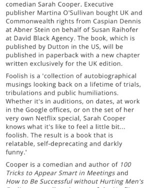 Sarah Cooper Instagram - Delighted to be working with the incredible @sarahcpr on FOOLISH publishing in October @augustbooks_news @sraihofer #newbooks #nonfiction #humour @canelo_co