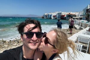 Sarah Dugdale Instagram - Greece 
1- Most content on or near the water. 
2- A man I’m quite fond of.
3- Happy. 
4- Heraklion Archeological Museum. 
5- Agia Pelagia, Crete. 
6- A meal in the mountains at Ntounias farm. 
7- Windy Mykonos. 
8- Me in the sea. 
9- A beach. 
10- A Santorini sunset.
