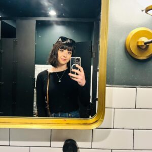 Sarah Gilman Instagram - sometimes it feels tricky to find a balance between digital and in-person life. been overcorrecting toward physical reality these days. in other news, my bangs got super long and i felt like an assassin.