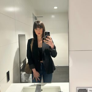 Sarah Gilman Instagram - sometimes it feels tricky to find a balance between digital and in-person life. been overcorrecting toward physical reality these days. in other news, my bangs got super long and i felt like an assassin.