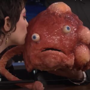 Sarah Sherman Instagram - brought my dad, my severed head, and a talking zit on @fallontonight 🫂👅

head by @louiezfx with sarah mullet wig by @jodimancusohairdesign 
zit by @monkeyboysproductions @dylan_pecora 

left foot yellow jacket by @motoguo 
styled by ashley dudek
dr jacoby 🔴🔵 makeup by @rachelmoose 
photo by 📸 @toddowyoung